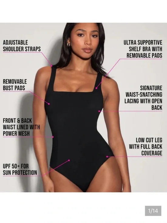 Classic Square Neck Black One-Piece Swimsuit XL Short - Picture 2 of 6